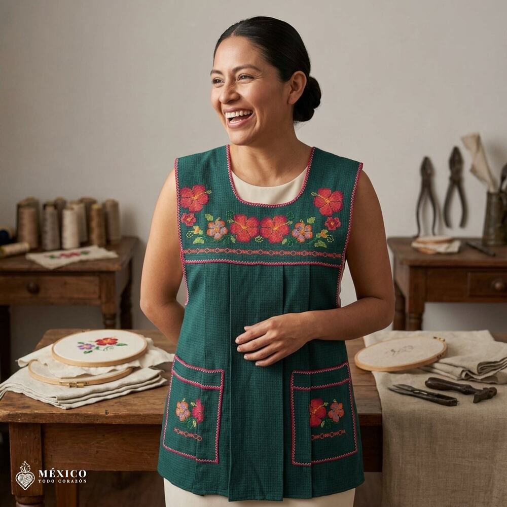 Traditional Mexican Cross-Stitch Embroidered Apron – Deluxe Artisan Smock Style